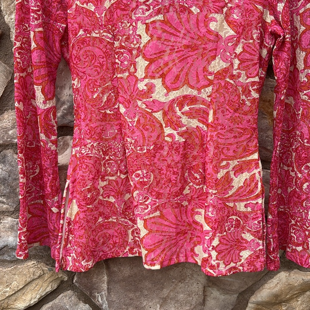 INC Lace Top V-neck Bell Sleeves Pink Paisley Fairy Boho Y2K Size Small - Picture 7 of 9